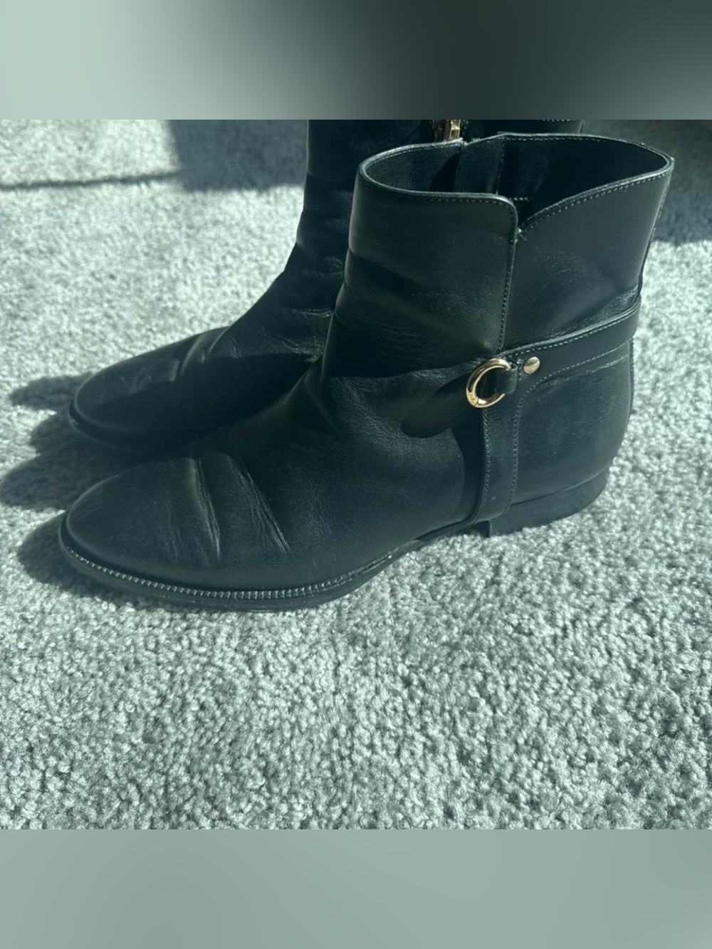 Burberry Black Leather Ankle Booties with Gold Ring Detail